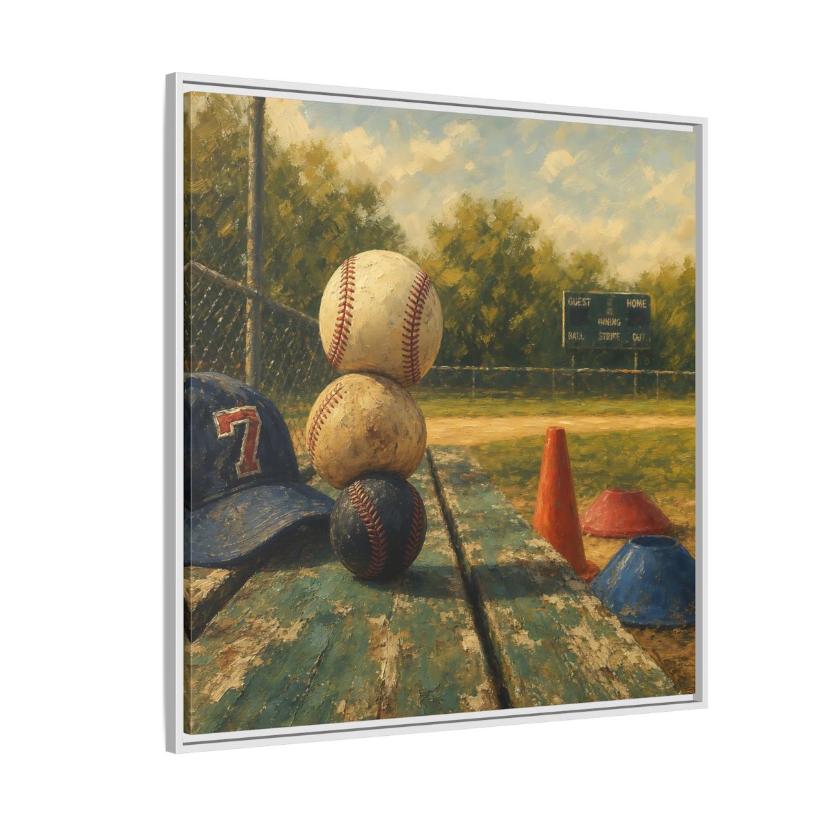 Side Mockup 4. Stacked Baseballs On Bench shown as framed canvas print