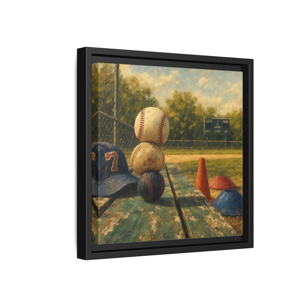 Side Mockup 18. Stacked Baseballs On Bench shown as framed canvas print