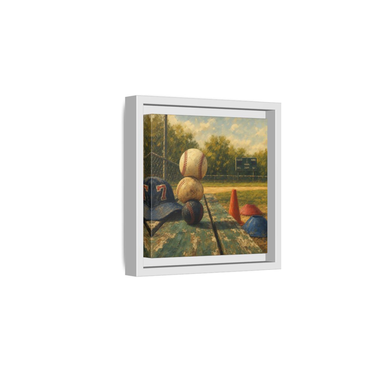 Side Mockup 1. Stacked Baseballs On Bench shown as framed canvas print