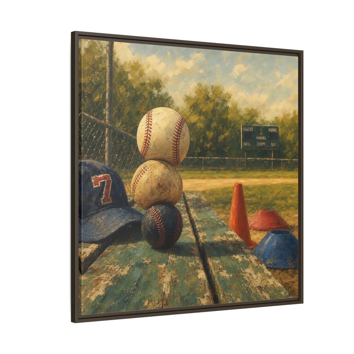 Side Mockup 5. Stacked Baseballs On Bench shown as framed canvas print