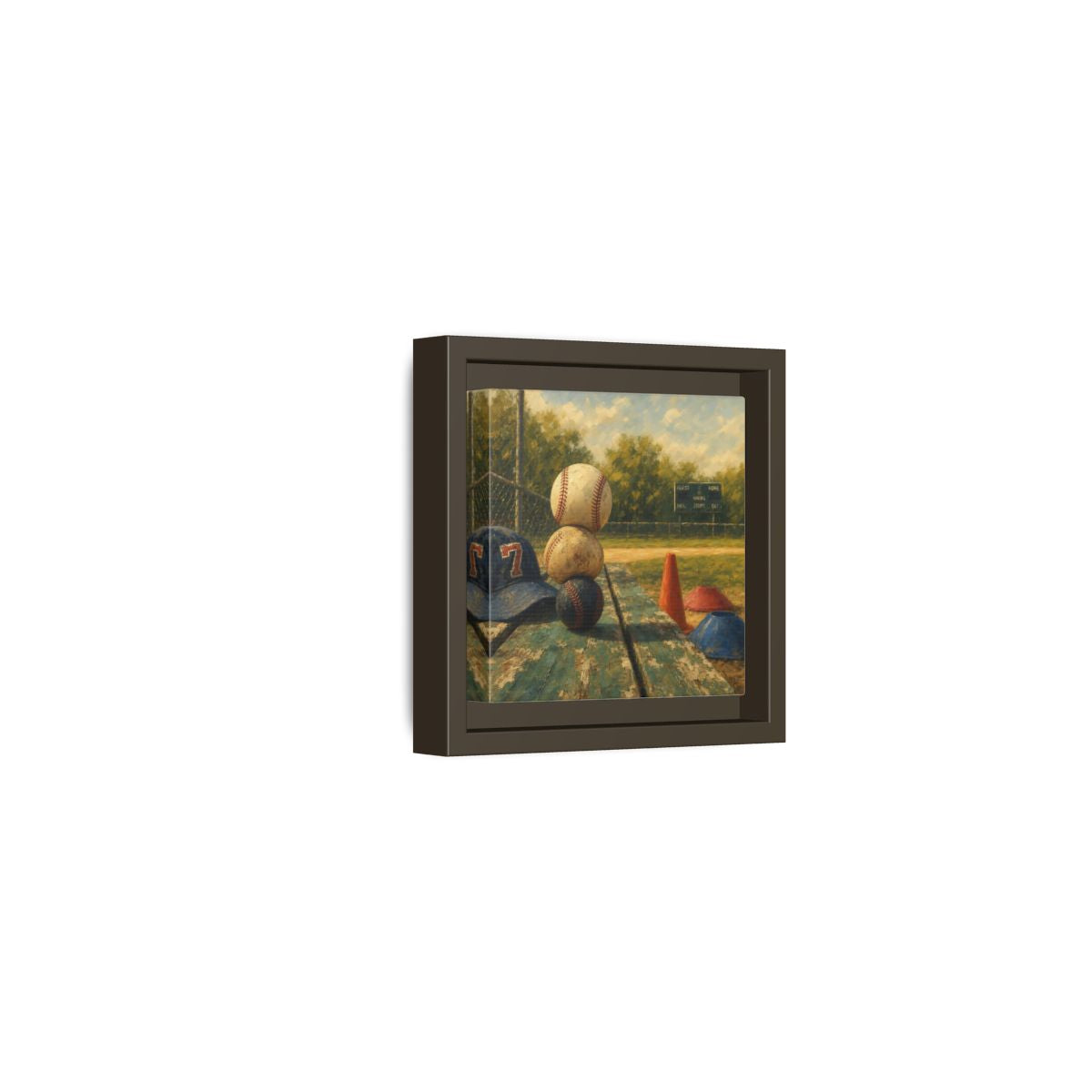 Side Mockup 23. Stacked Baseballs On Bench shown as framed canvas print