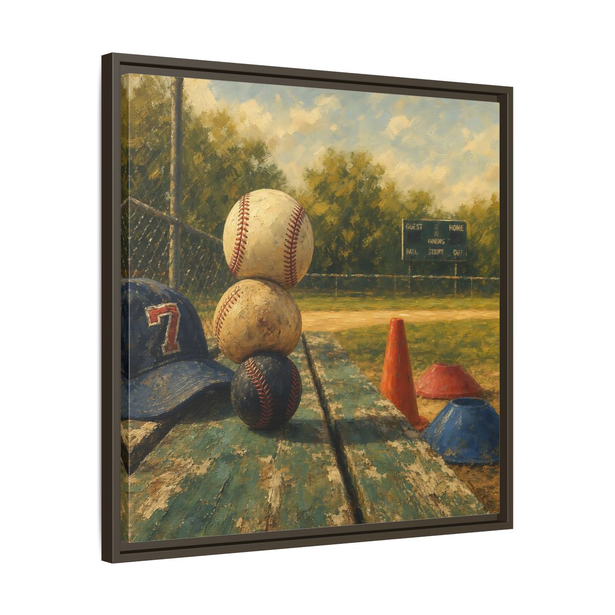 Side Mockup 27. Stacked Baseballs On Bench shown as framed canvas print