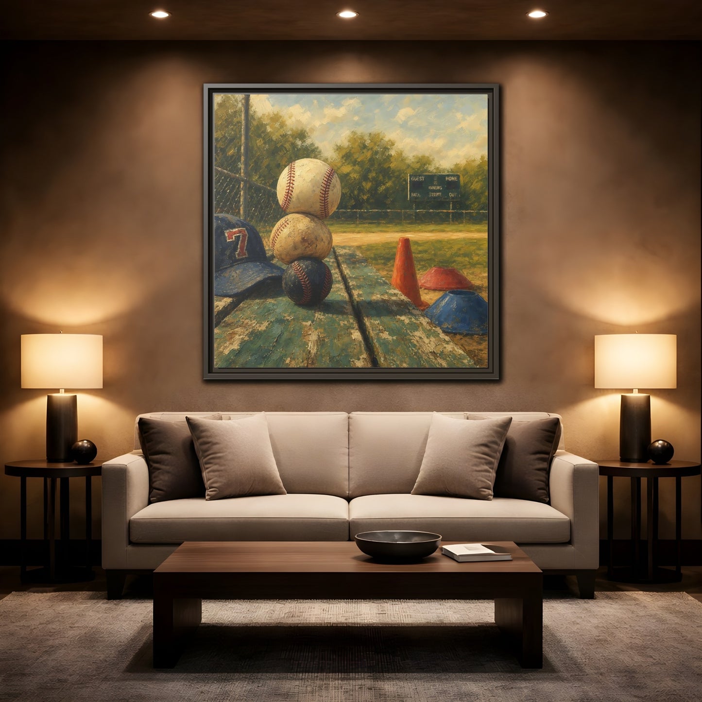 Mockup 2. Stacked Baseballs On Bench shown as framed canvas print