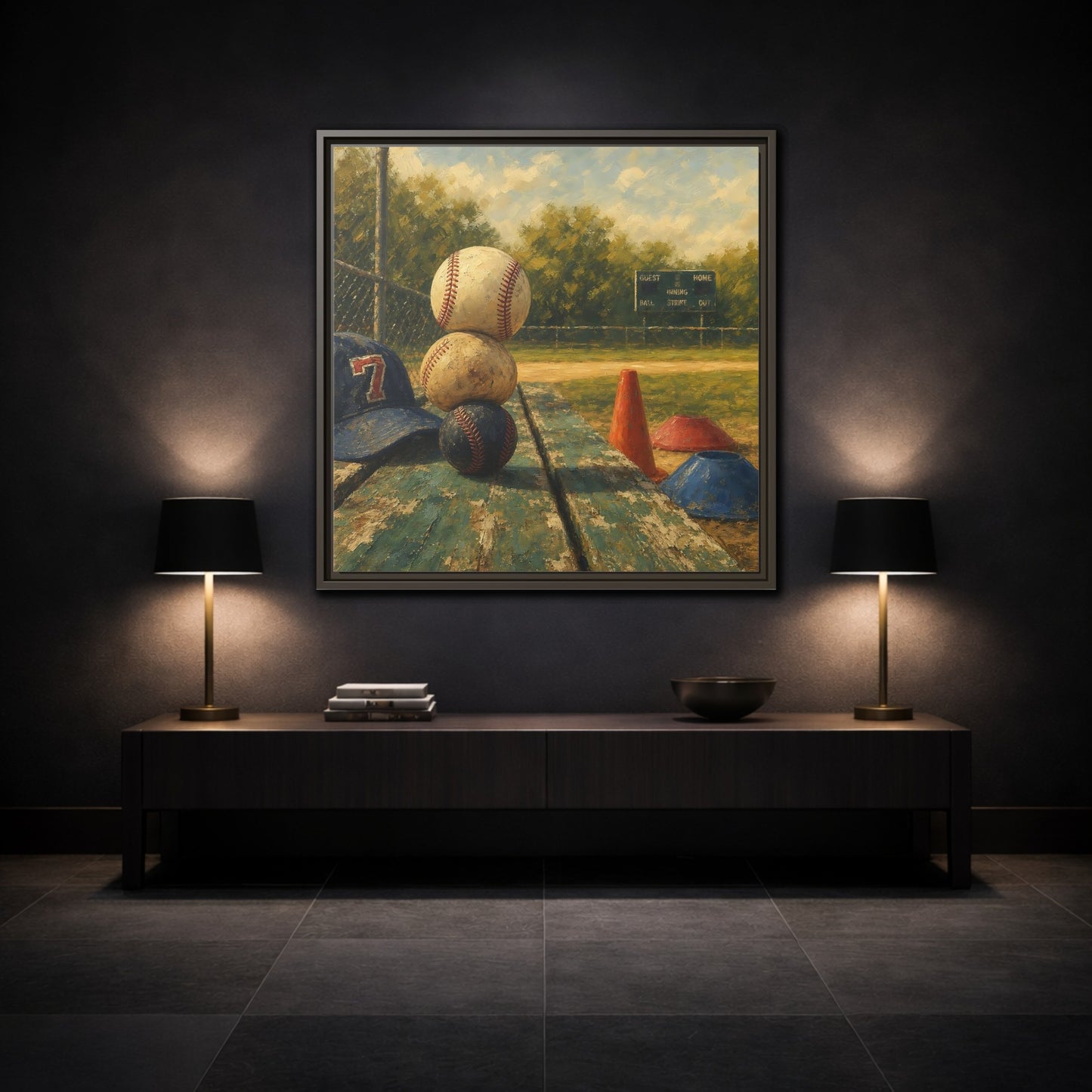 Mockup 3. Stacked Baseballs On Bench shown as framed canvas print