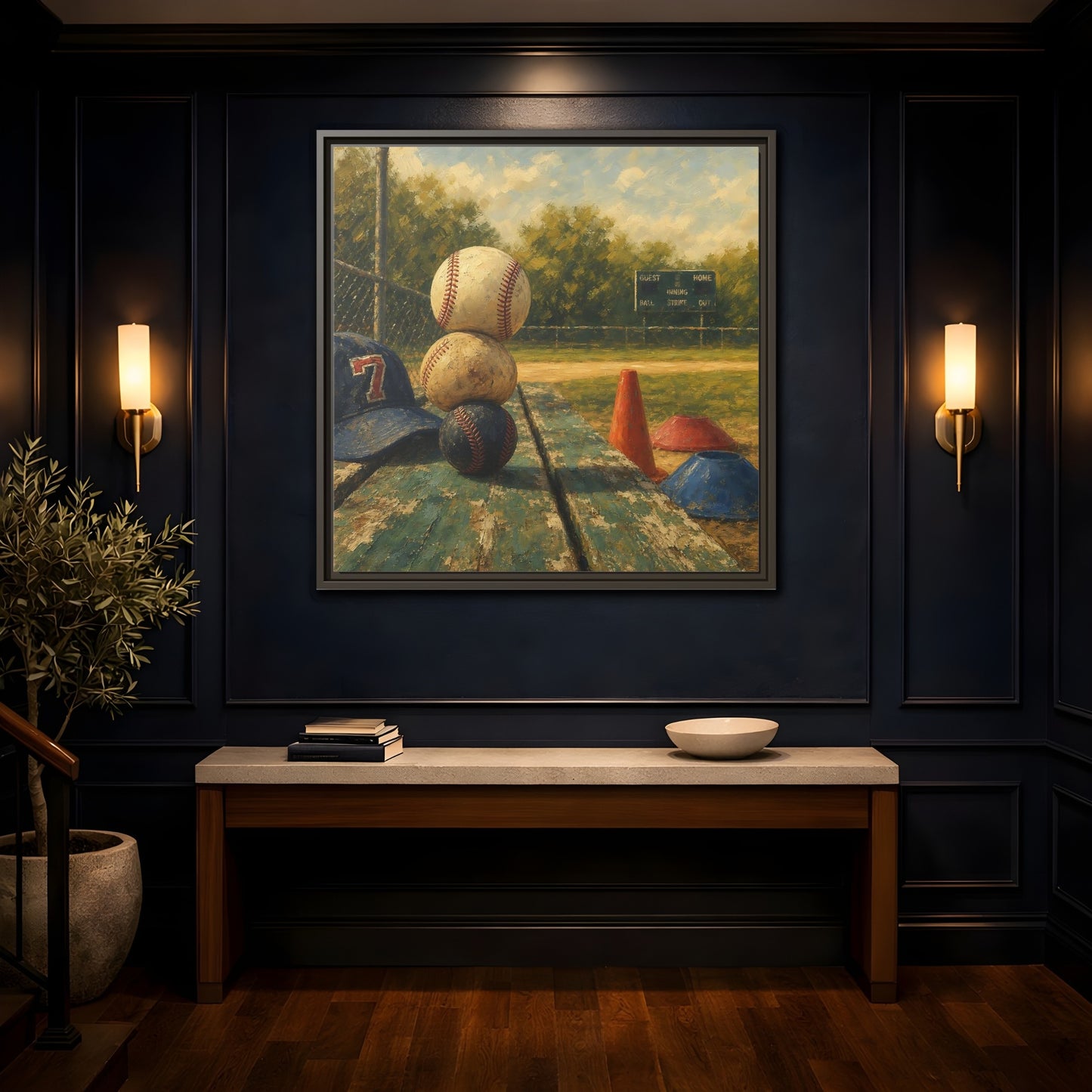 Mockup 4. Stacked Baseballs On Bench shown as framed canvas print