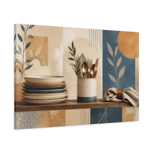 Main Mockup. Stacked Ceramic Plates & Cutlery shown as canvas print