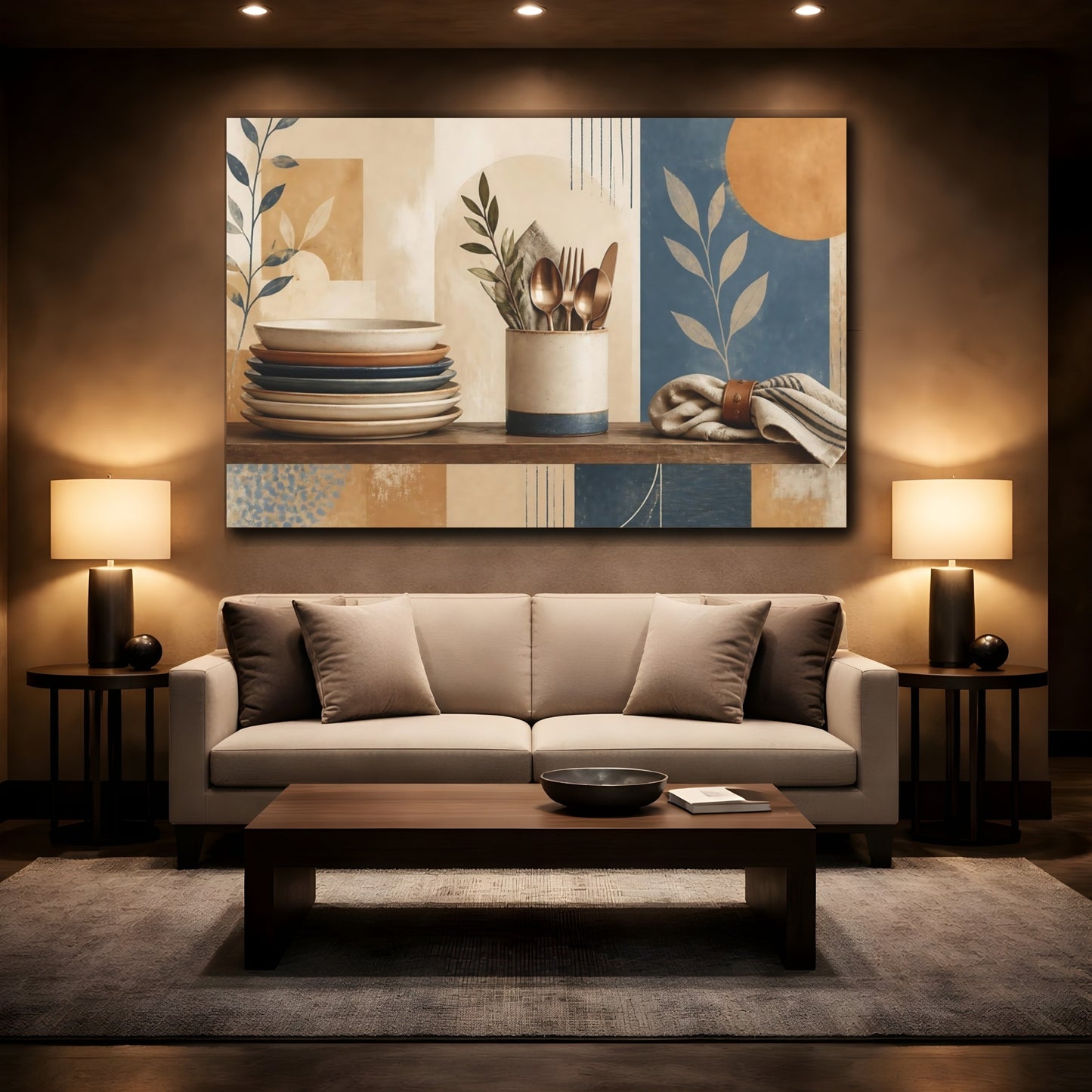 Mockup 2. Stacked Ceramic Plates & Cutlery shown as canvas print