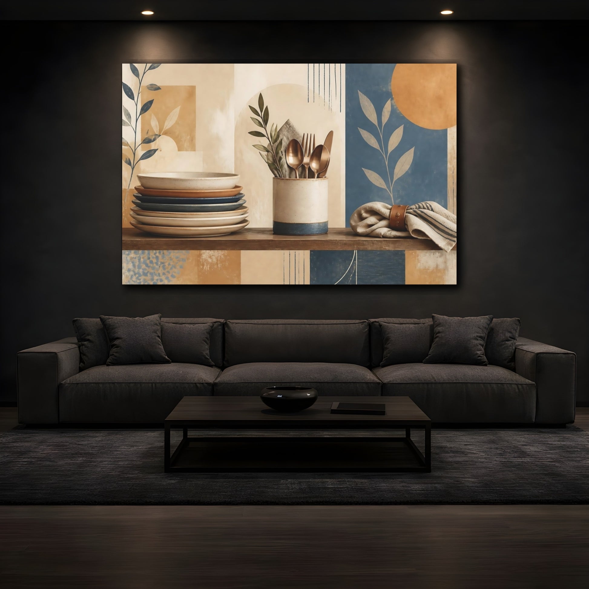 Mockup 3. Stacked Ceramic Plates & Cutlery shown as canvas print
