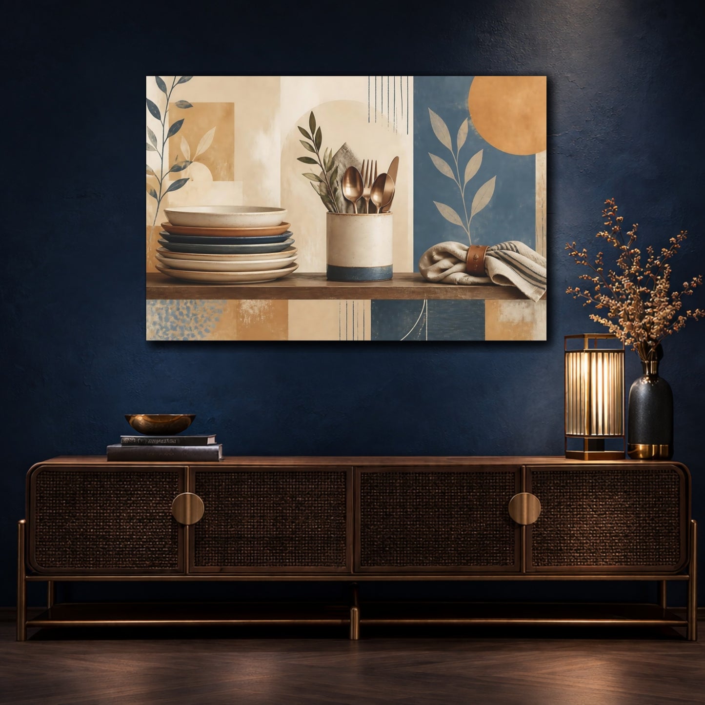 Mockup 4. Stacked Ceramic Plates & Cutlery shown as canvas print
