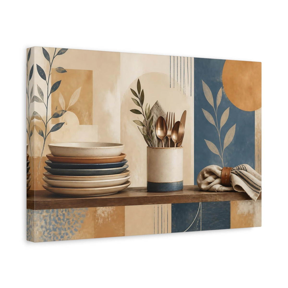 Side Mockup 4. Stacked Ceramic Plates & Cutlery shown as canvas print