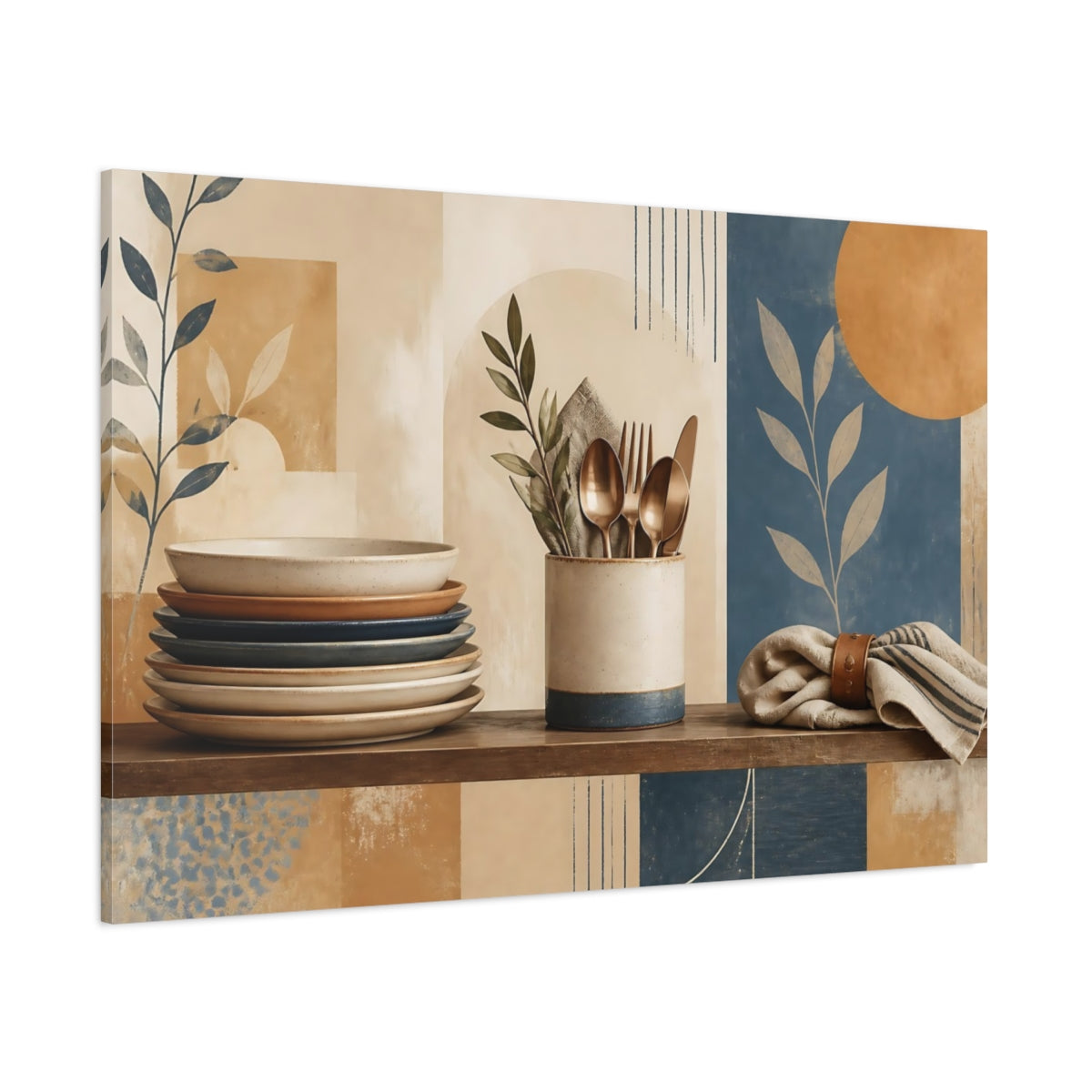 Side Mockup 1. Stacked Ceramic Plates & Cutlery shown as canvas print