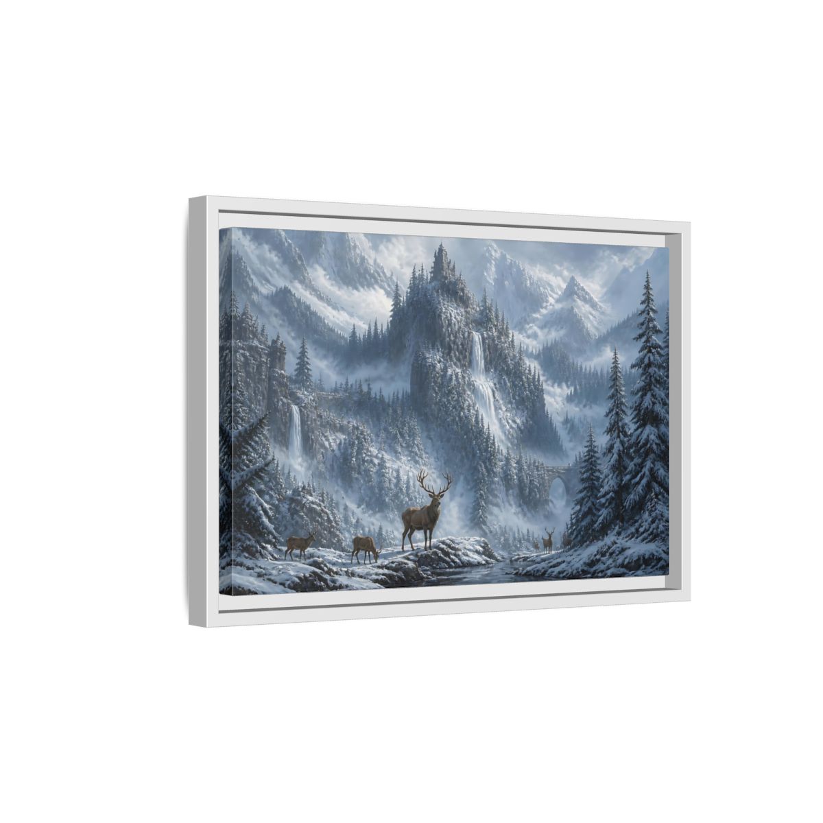 Side Mockup 4. Stag In Snowy Mountains shown as framed canvas print