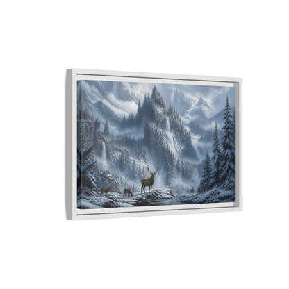 Side Mockup 4. Stag In Snowy Mountains shown as framed canvas print