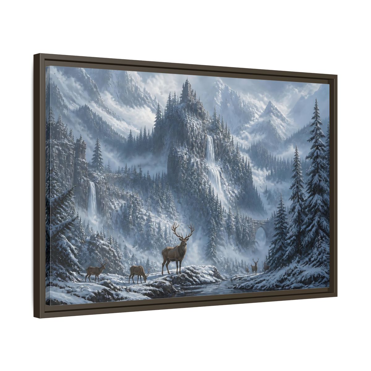 Side Mockup 11. Stag In Snowy Mountains shown as framed canvas print