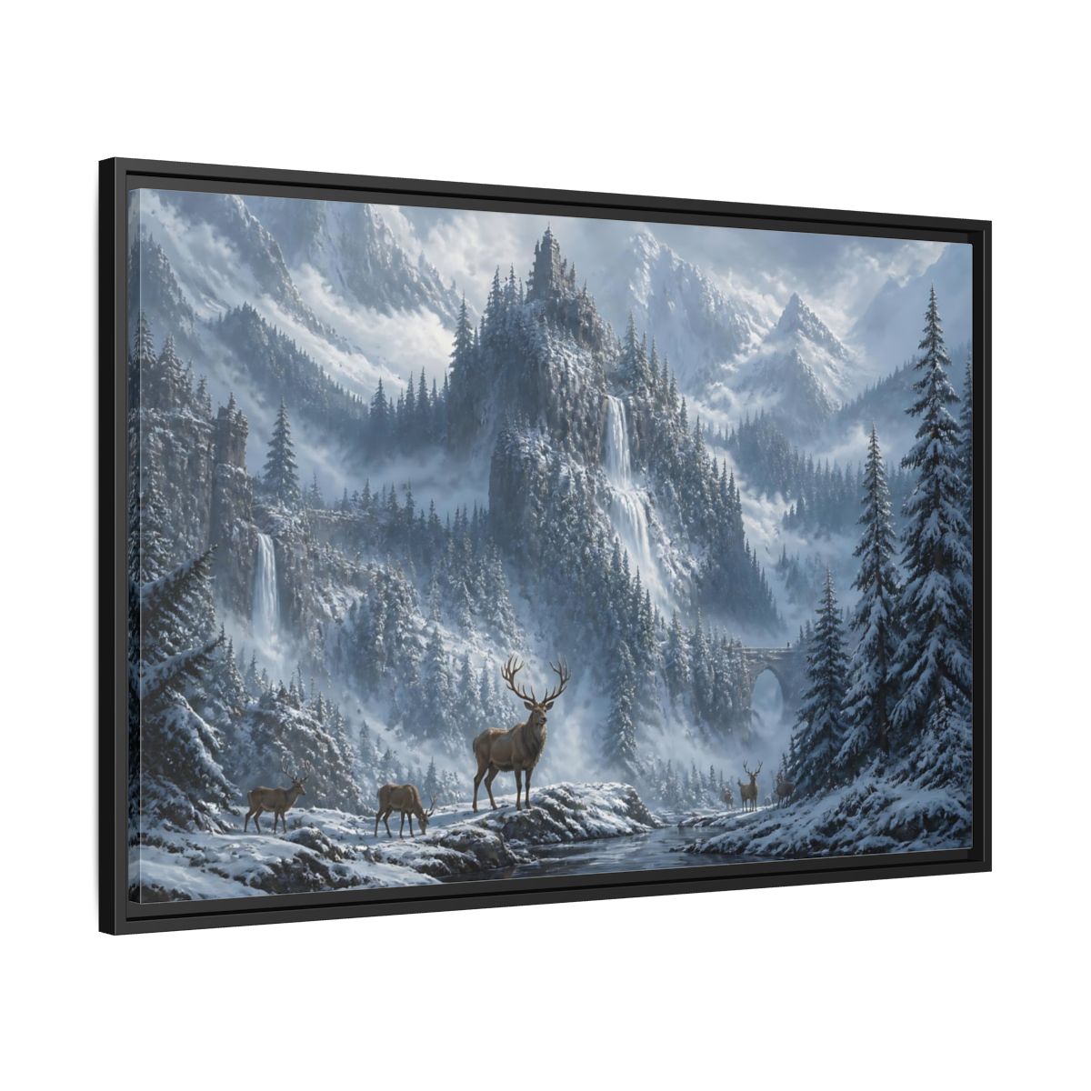 Side Mockup 13. Stag In Snowy Mountains shown as framed canvas print