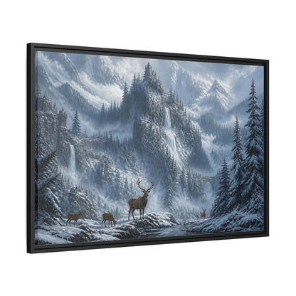 Side Mockup 13. Stag In Snowy Mountains shown as framed canvas print