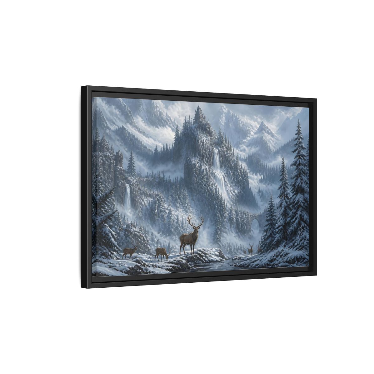 Side Mockup 3. Stag In Snowy Mountains shown as framed canvas print