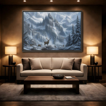 Mockup 2. Stag In Snowy Mountains shown as framed canvas print