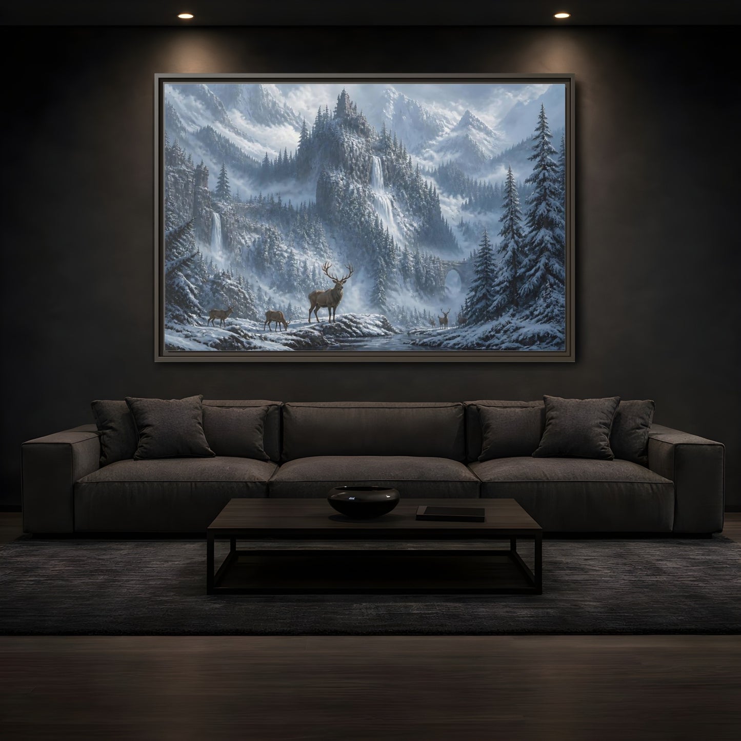 Mockup 3. Stag In Snowy Mountains shown as framed canvas print