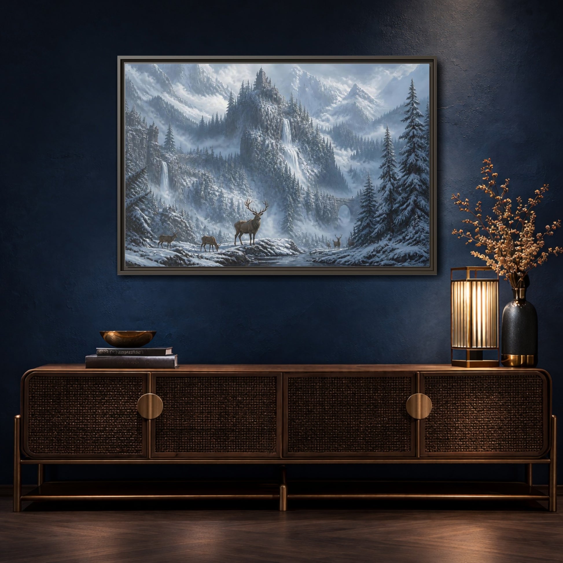 Mockup 4. Stag In Snowy Mountains shown as framed canvas print