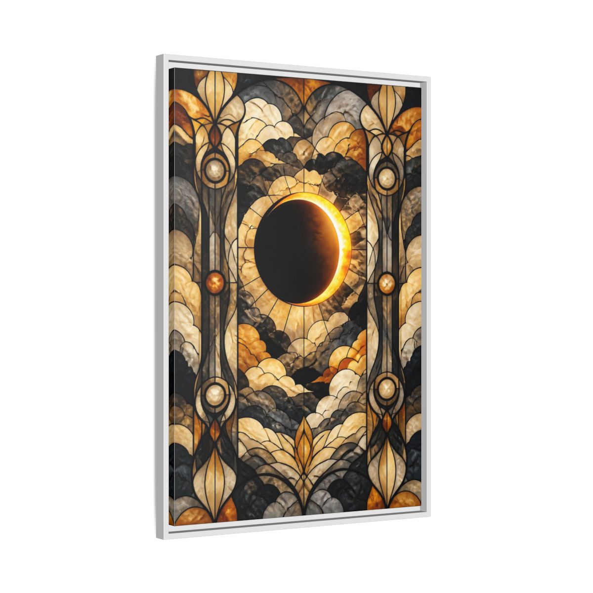 Side Mockup 9. Stained-Glass Solar Eclipse shown as framed canvas print