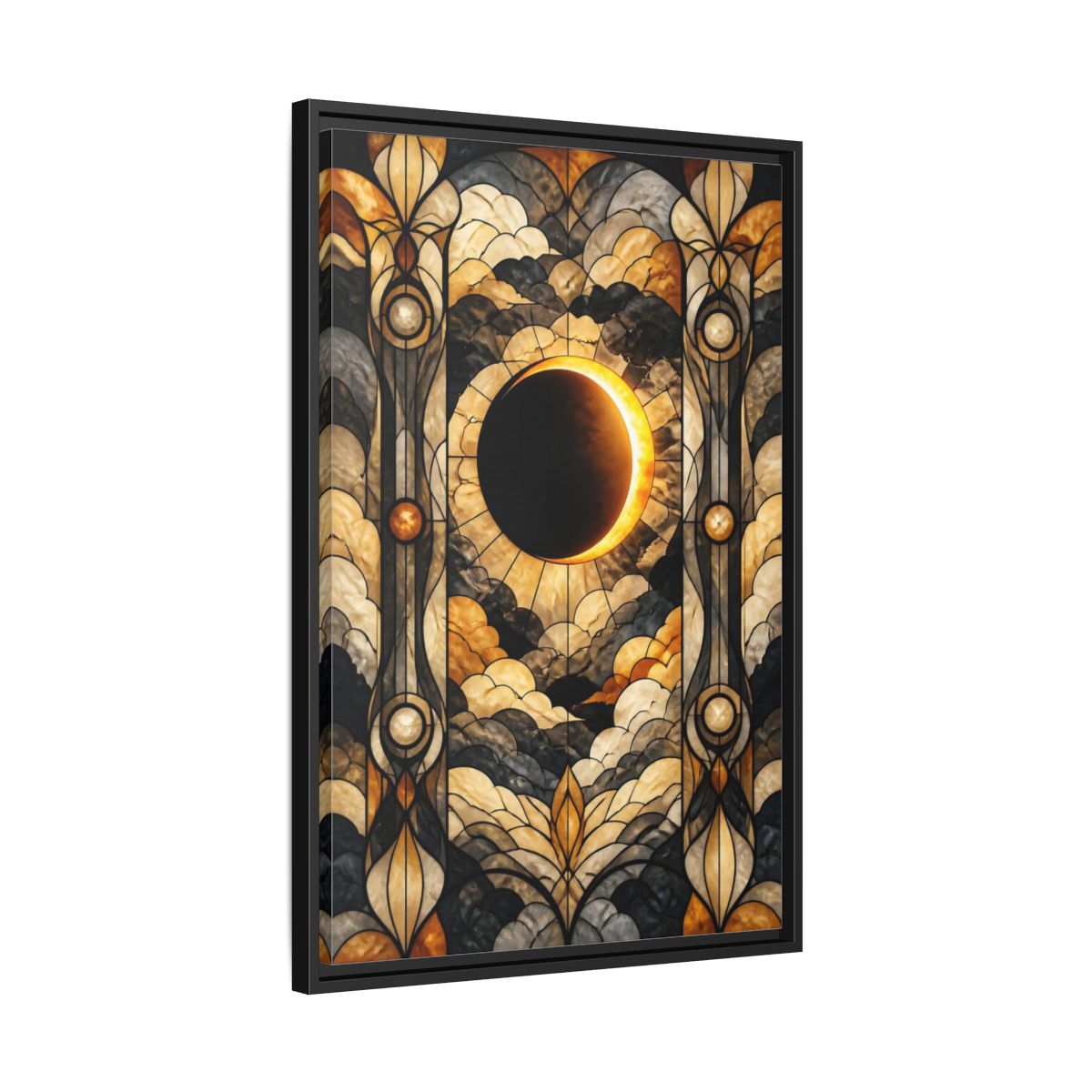 Side Mockup 14. Stained-Glass Solar Eclipse shown as framed canvas print
