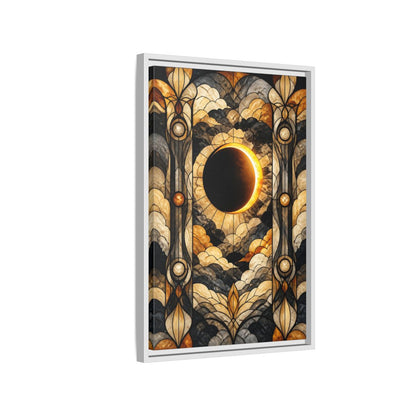Side Mockup 1. Stained-Glass Solar Eclipse shown as framed canvas print