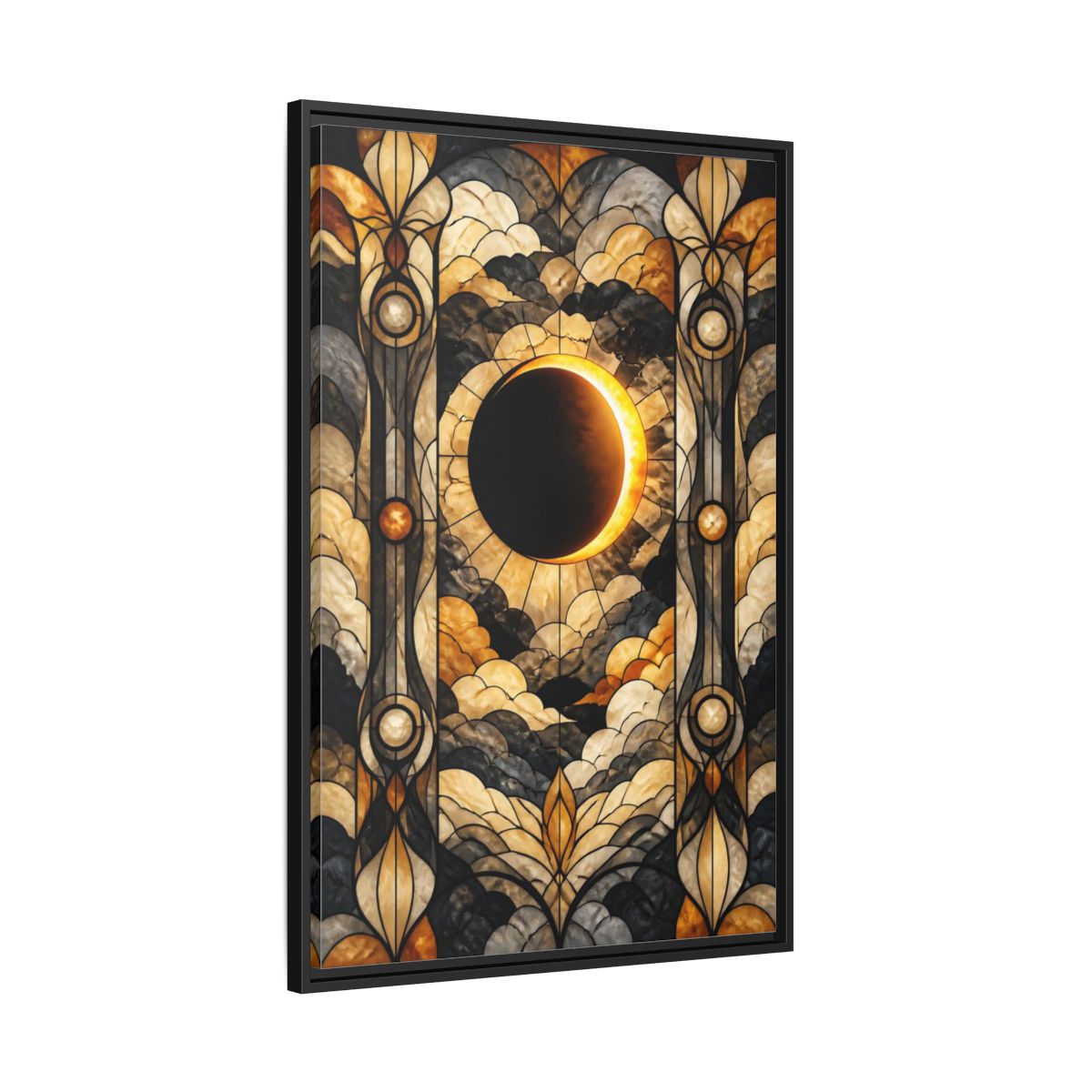 Side Mockup 13. Stained-Glass Solar Eclipse shown as framed canvas print