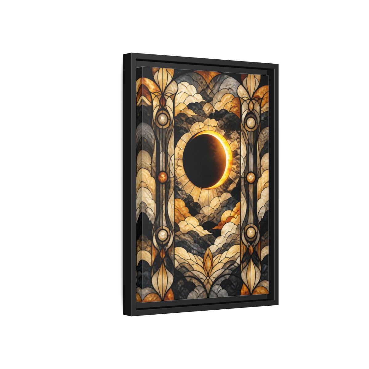 Side Mockup 6. Stained-Glass Solar Eclipse shown as framed canvas print