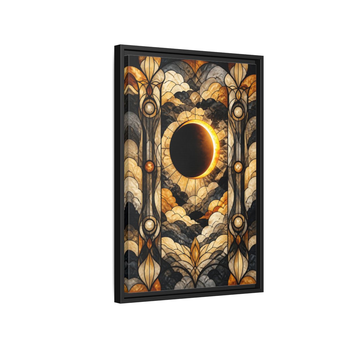Side Mockup 3. Stained-Glass Solar Eclipse shown as framed canvas print