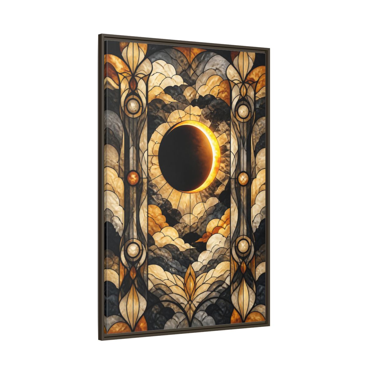 Side Mockup 8. Stained-Glass Solar Eclipse shown as framed canvas print