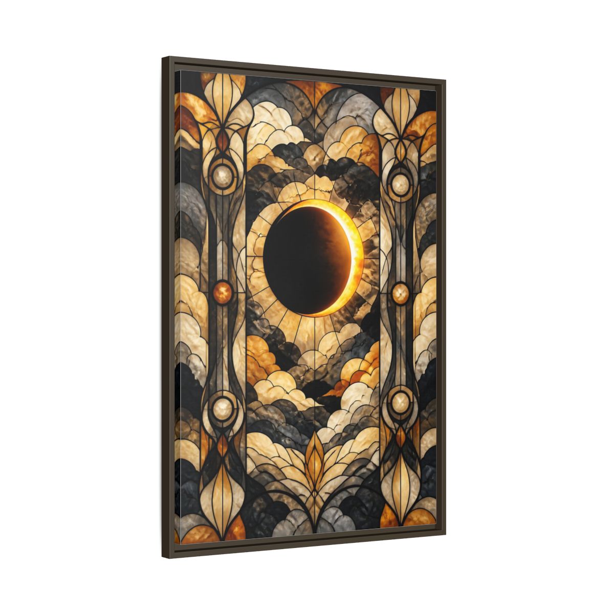 Main Mockup. Stained-Glass Solar Eclipse shown as framed canvas print