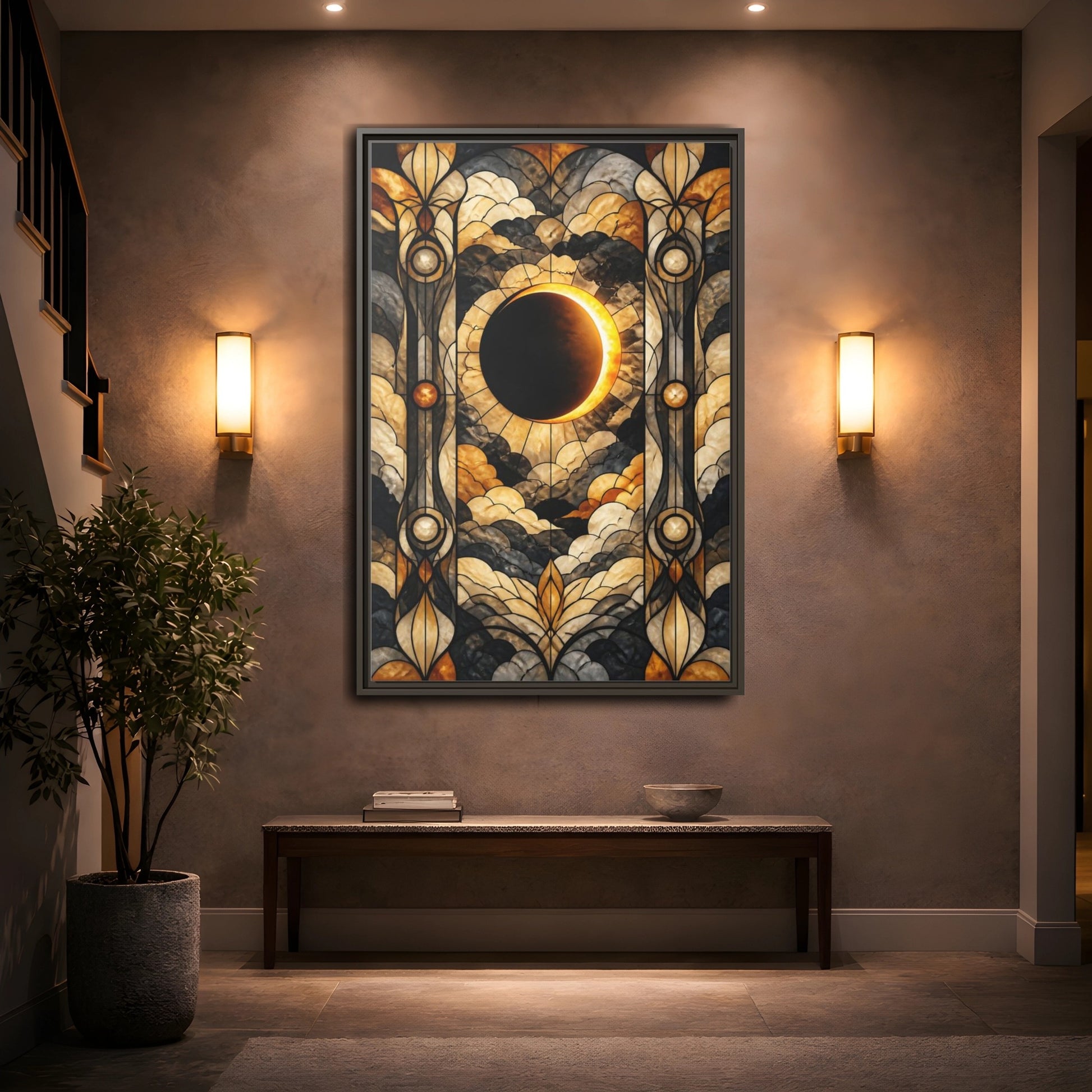 Mockup 2. Stained-Glass Solar Eclipse shown as framed canvas print
