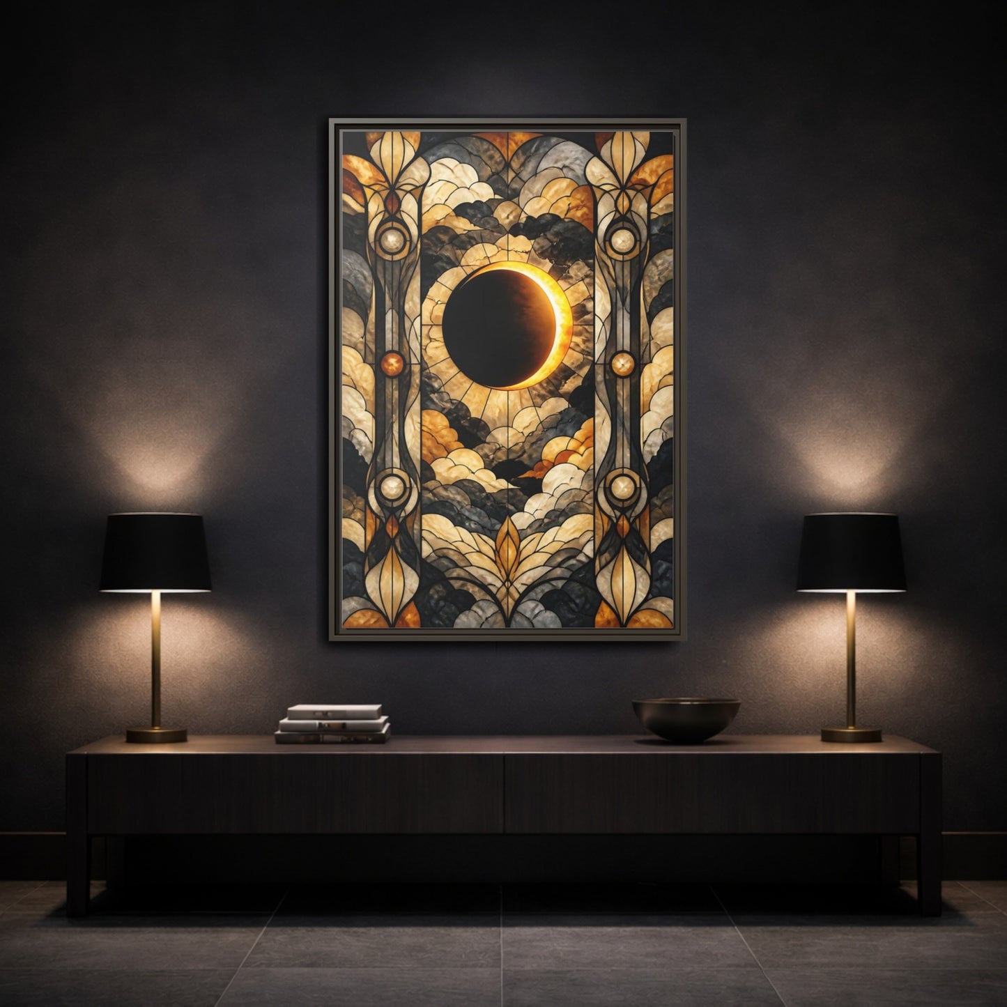 Mockup 3. Stained-Glass Solar Eclipse shown as framed canvas print