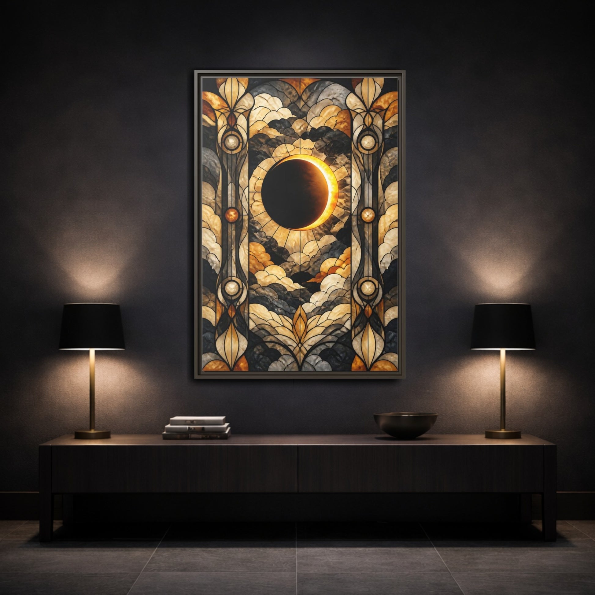 Mockup 3. Stained-Glass Solar Eclipse shown as framed canvas print
