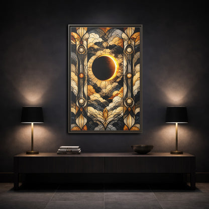 Mockup 3. Stained-Glass Solar Eclipse shown as framed canvas print