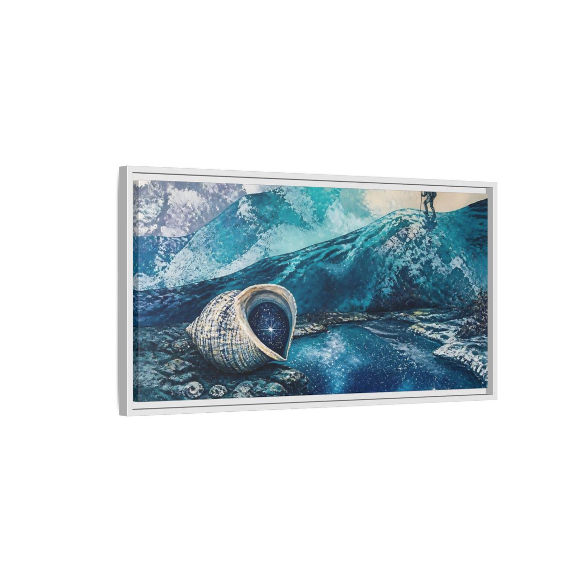 Side Mockup 1. Starry Conch Shell shown as framed canvas print