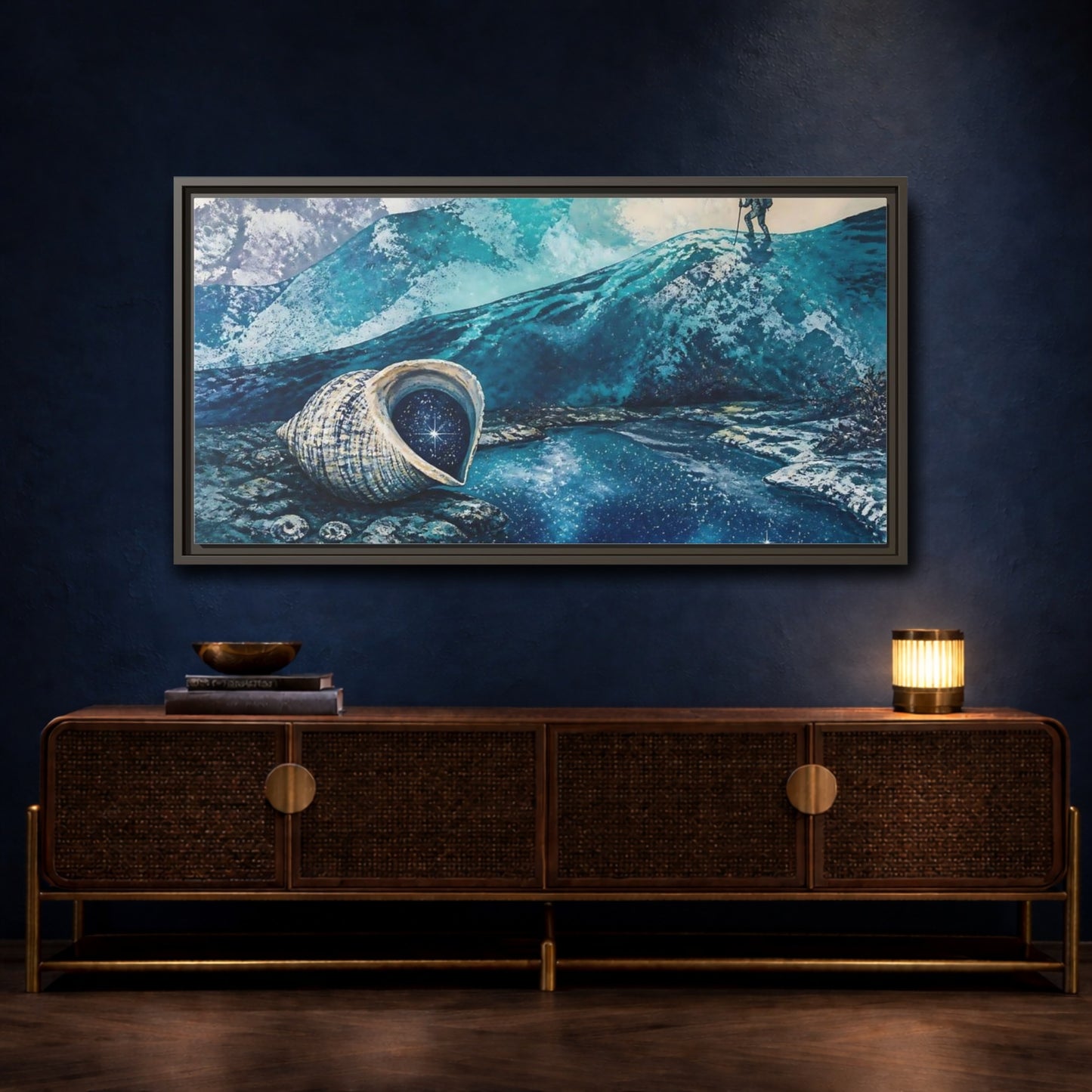 Mockup 4. Starry Conch Shell shown as framed canvas print