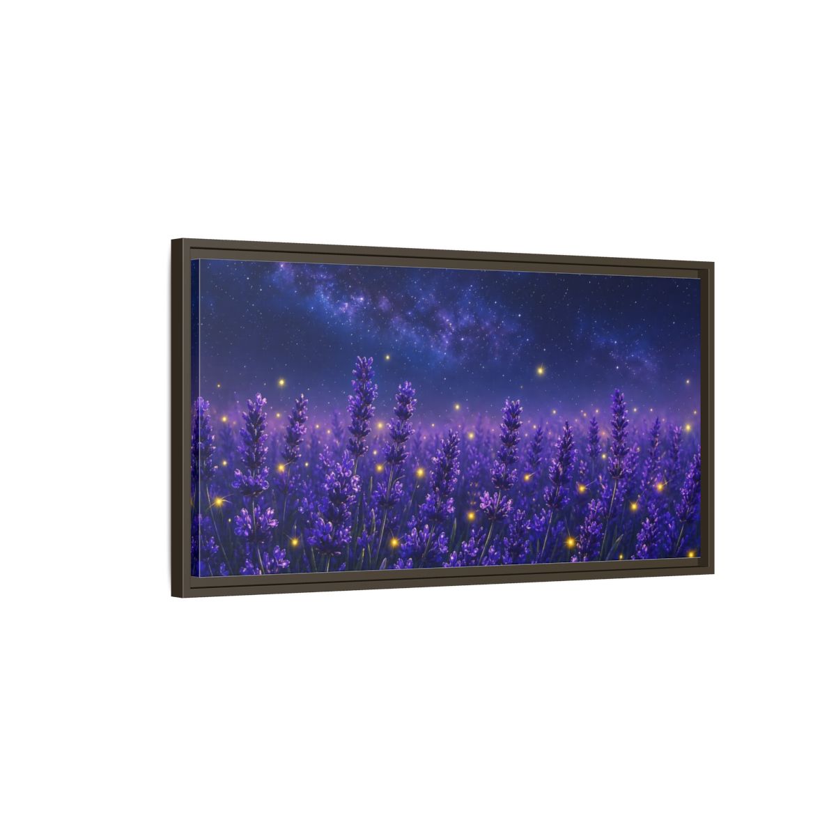 Main Mockup. Starry Lavender Field shown as framed canvas print