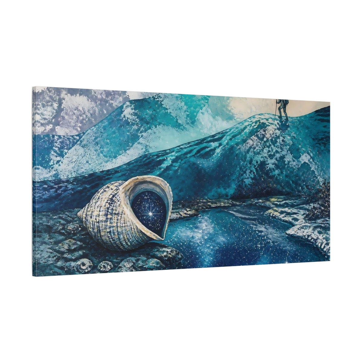 Side Mockup 2. Starry Seashell Shore shown as canvas print