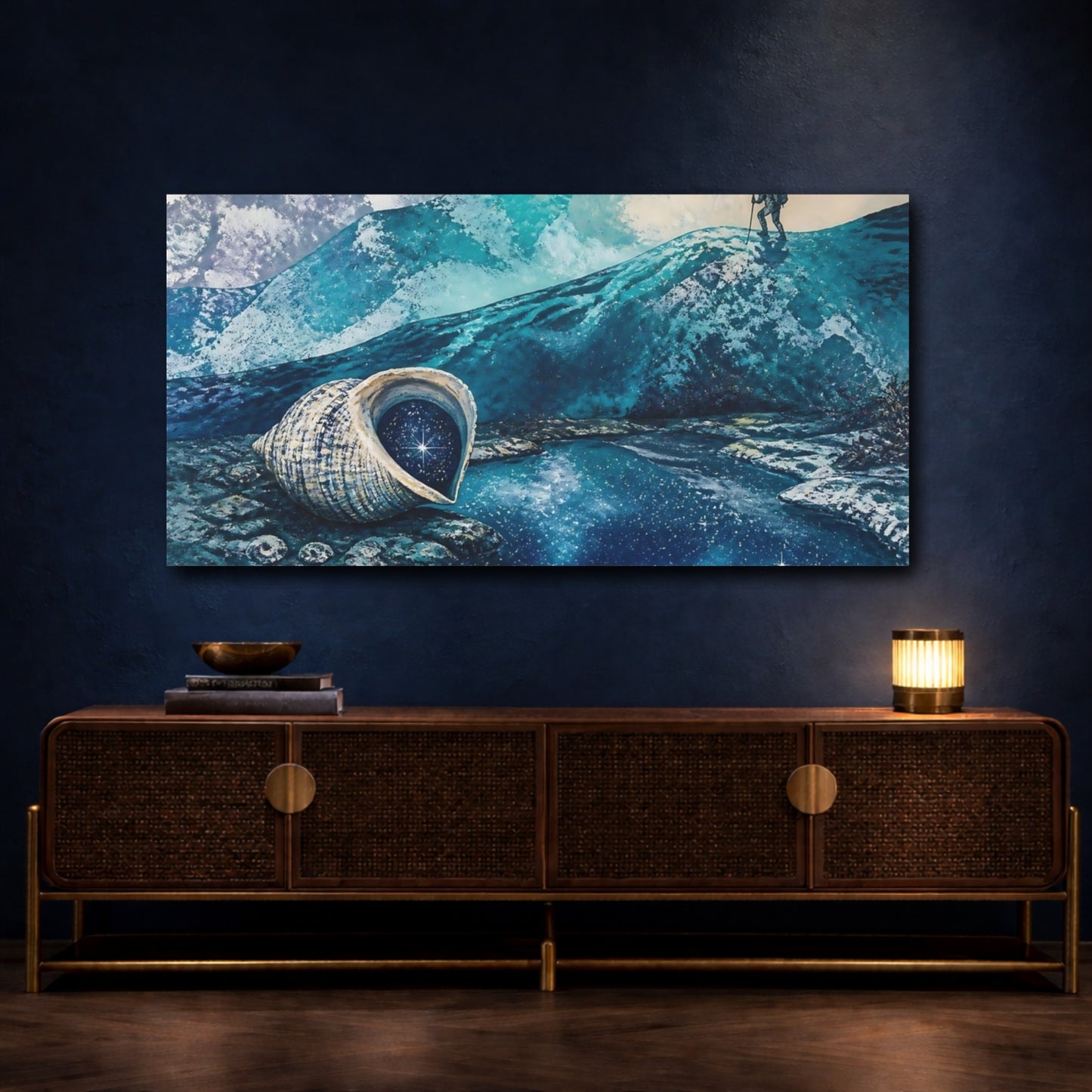 Mockup 4. Starry Seashell Shore shown as canvas print