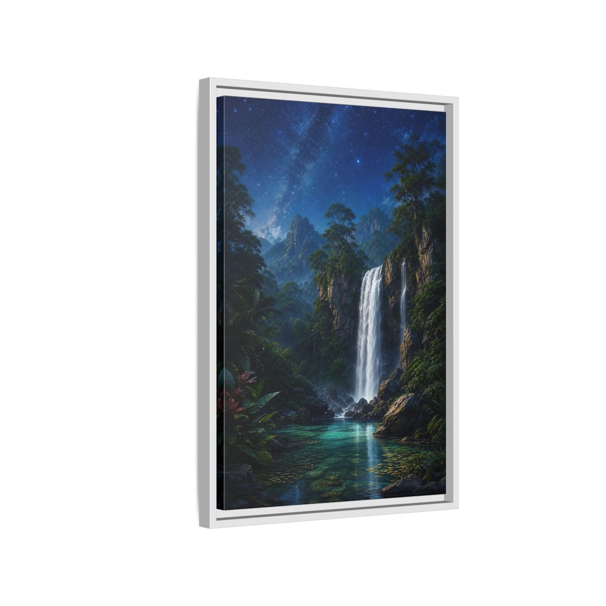 Side Mockup 1. Starry Waterfall Oasis shown as framed canvas print