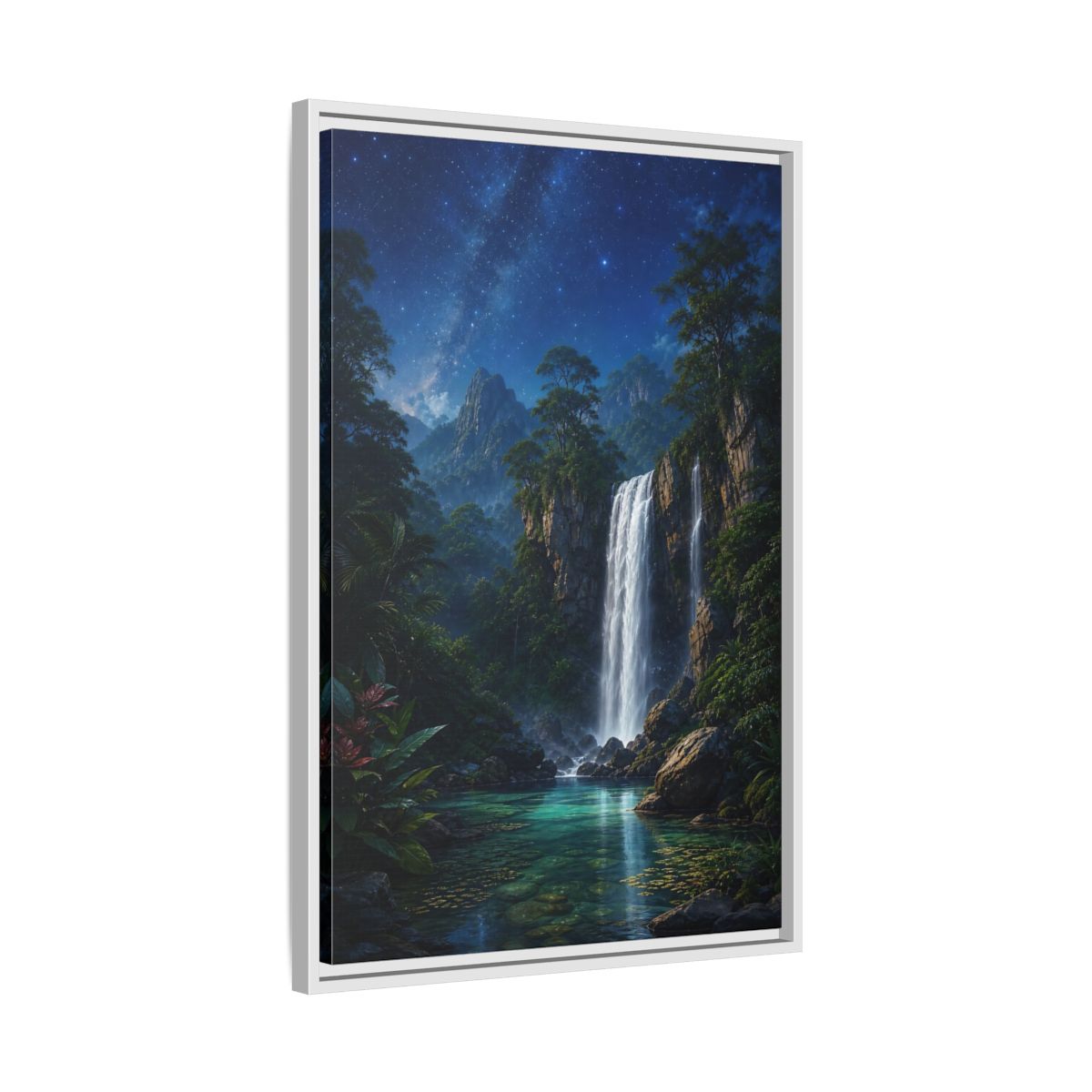 Side Mockup 10. Starry Waterfall Oasis shown as framed canvas print