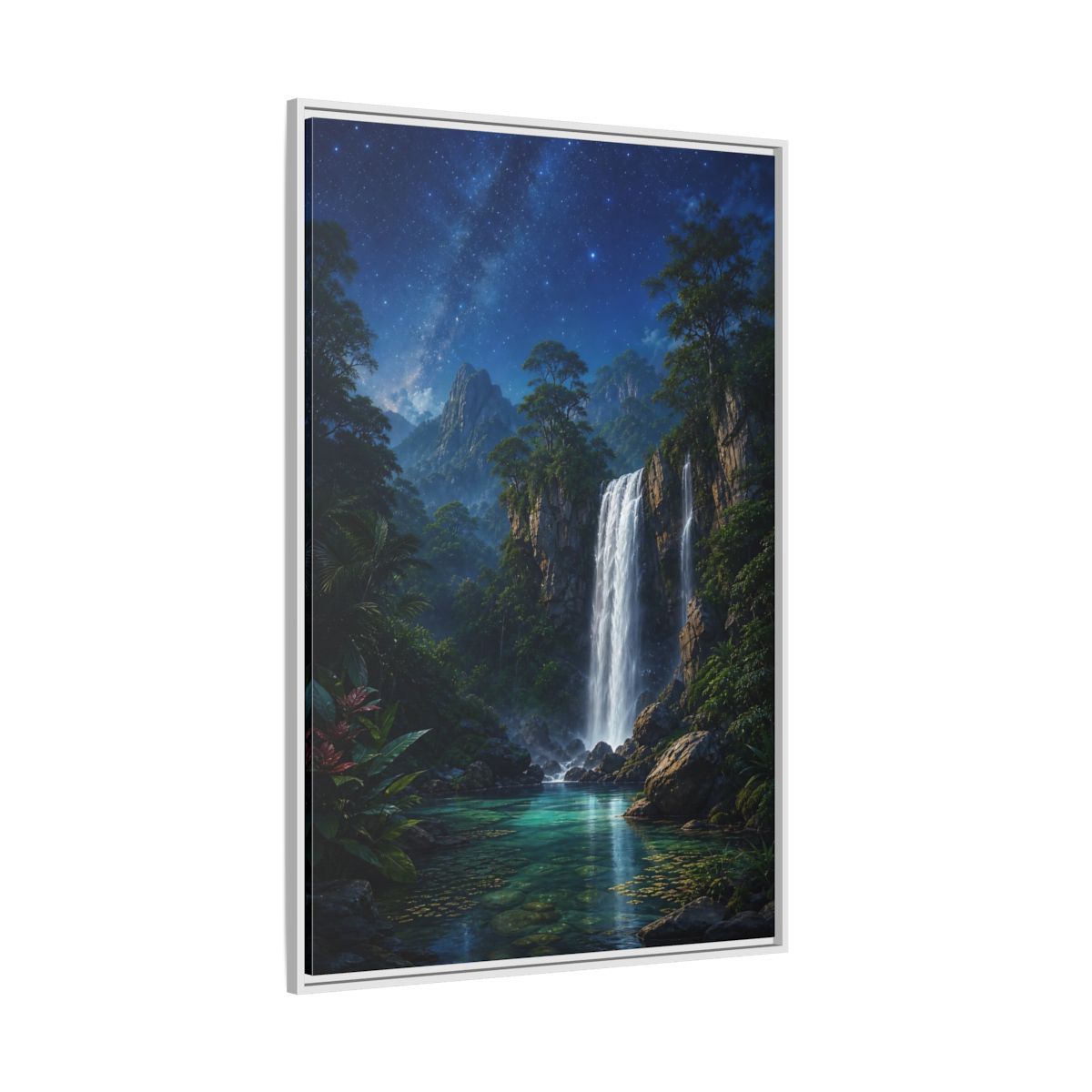 Side Mockup 7. Starry Waterfall Oasis shown as framed canvas print