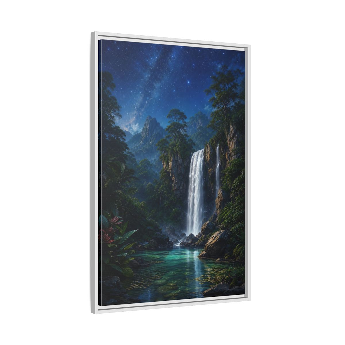Side Mockup 9. Starry Waterfall Oasis shown as framed canvas print