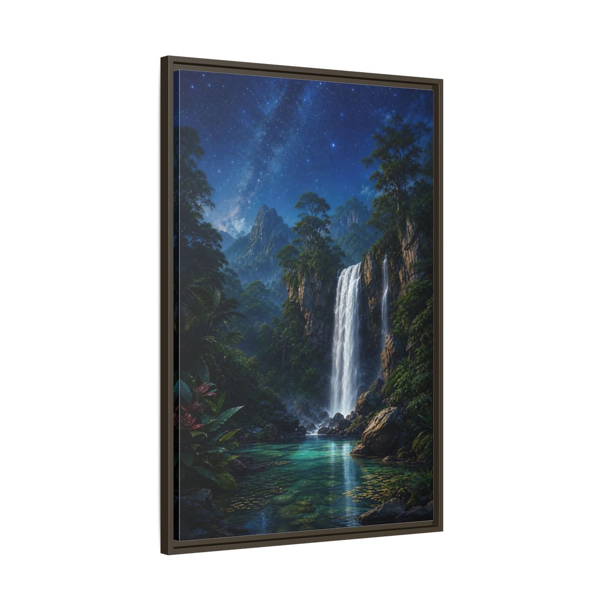 Main Mockup. Starry Waterfall Oasis shown as framed canvas print
