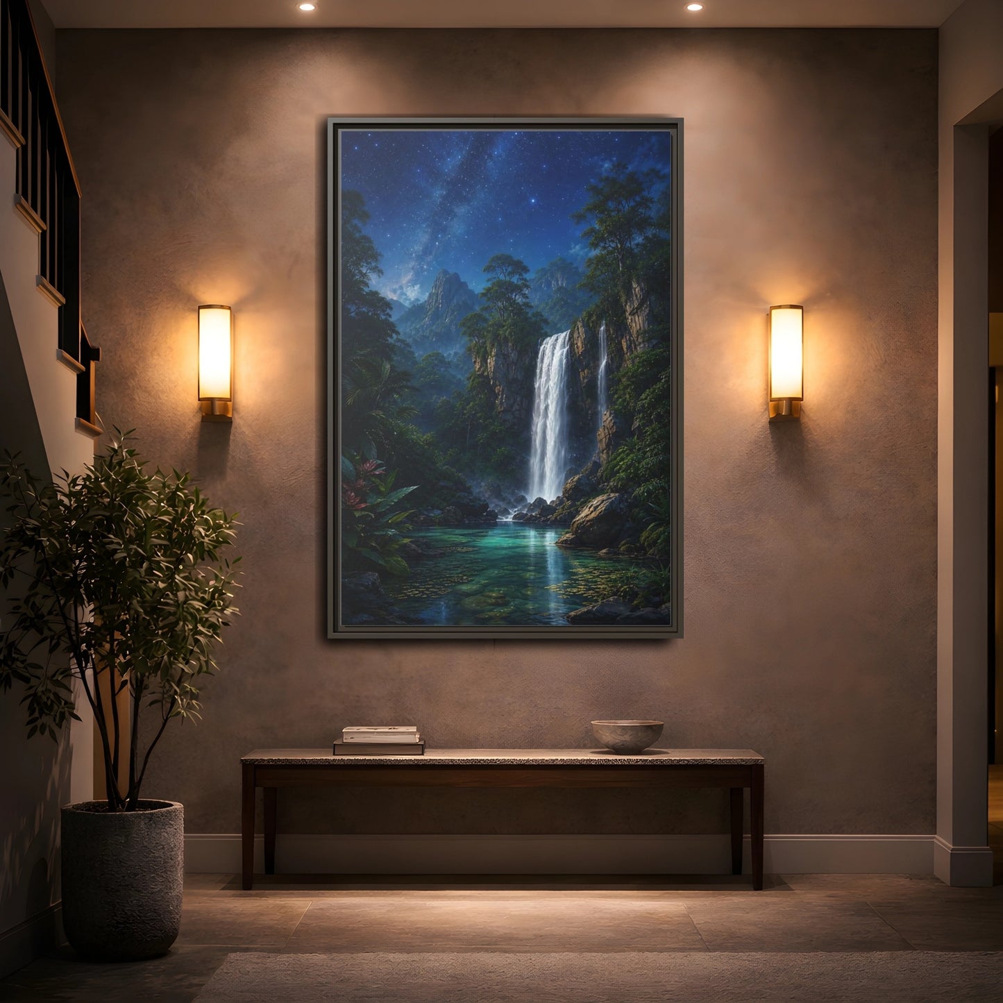 Mockup 2. Starry Waterfall Oasis shown as framed canvas print