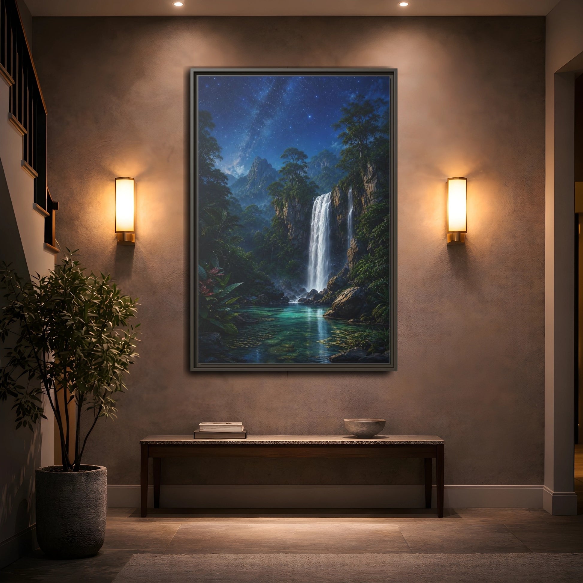 Mockup 2. Starry Waterfall Oasis shown as framed canvas print