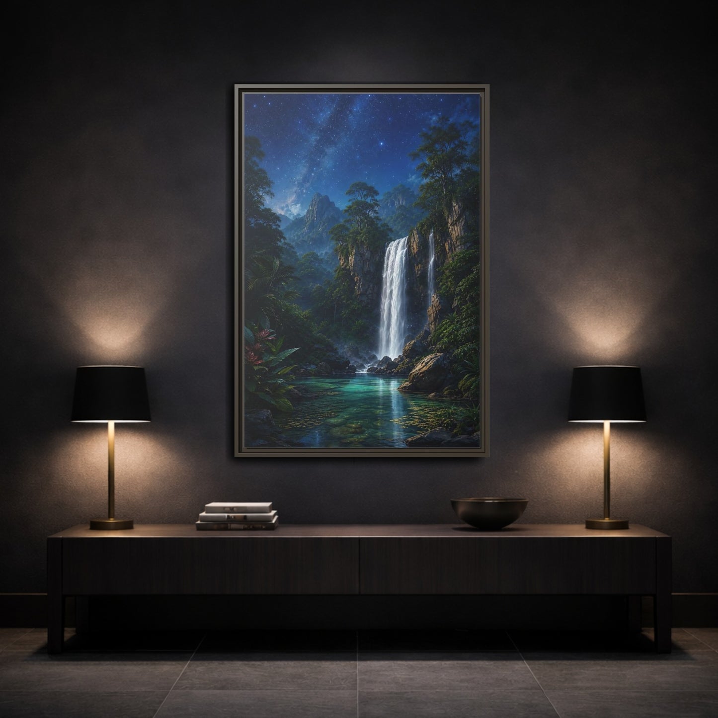 Mockup 3. Starry Waterfall Oasis shown as framed canvas print