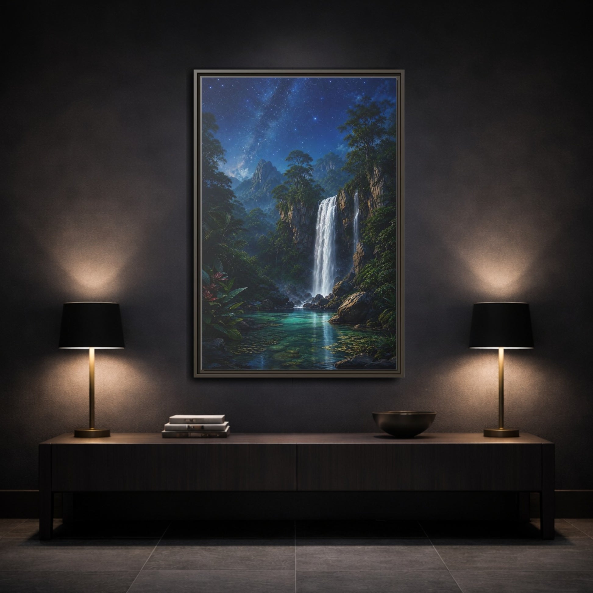 Mockup 3. Starry Waterfall Oasis shown as framed canvas print